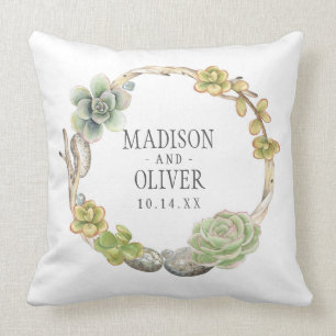 Wreath of Succulents, Twigs and Stones   Wedding Throw Pillow