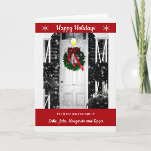 Wreath on the Door Happy Holidays with Name Holiday Card