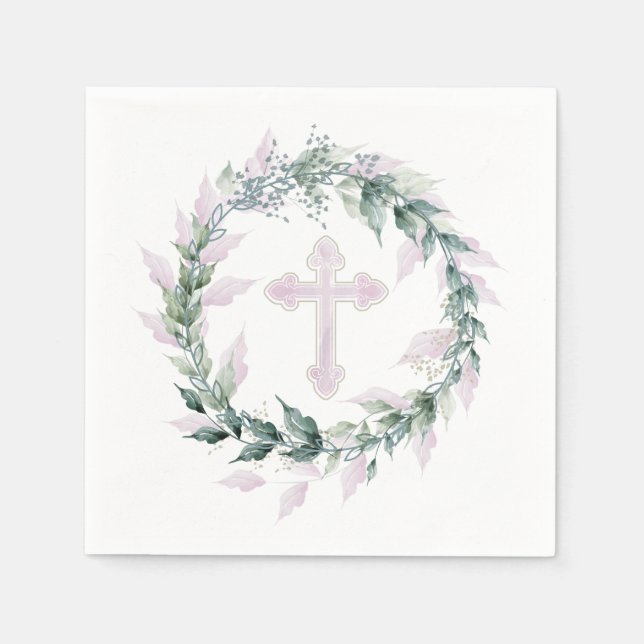 Wreath & Pink Cross Communion Baptism Christening Napkin (Front)