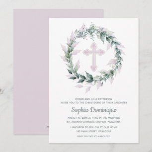 Wreath Pink Cross First Communion Invitations