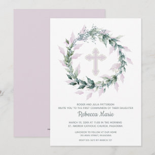 Wreath Pink Cross First Communion Invitations