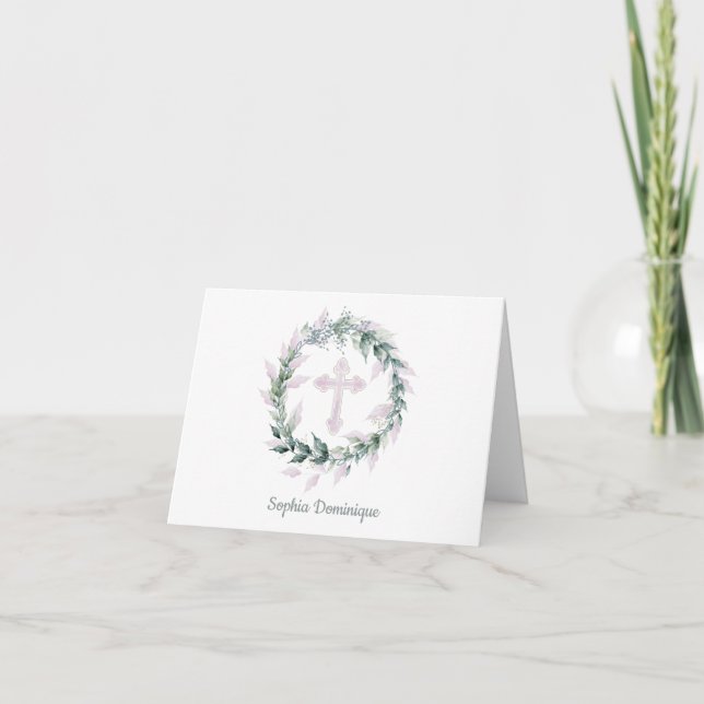 Wreath & Pink Cross First Communion Thank You Note Note Card (Front)
