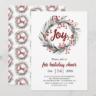 Wreath, red berries and leaves Joy Christmas party Invitation
