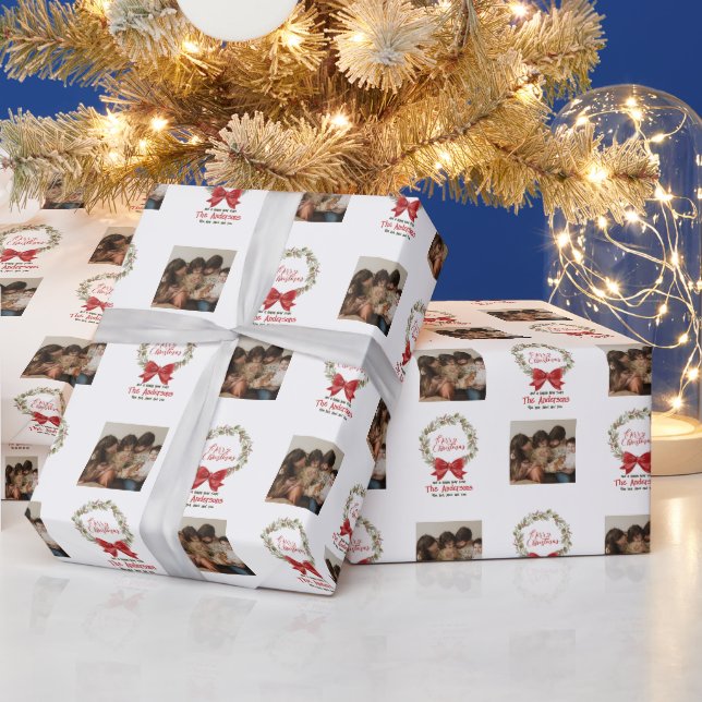 Wreath & Red Bow Add Your Photo Christmas  Wrapping Paper (Holidays)
