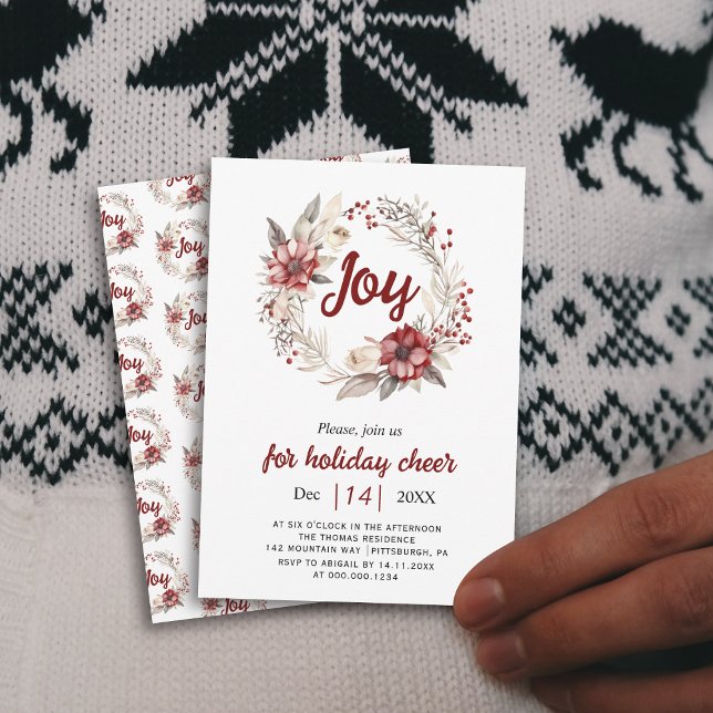Wreath, red flowers, berries Joy Christmas party Invitation (Creator Uploaded)