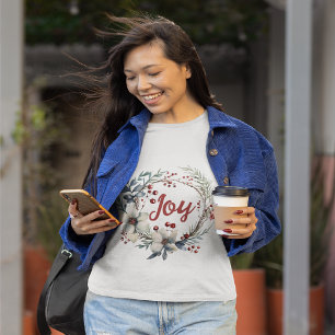 Wreath, red flowers, berries Joy Christmas T-Shirt