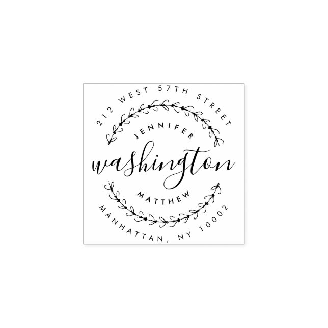Wreath & Rustic Script Couple's Return Address Rubber Stamp (Imprint)