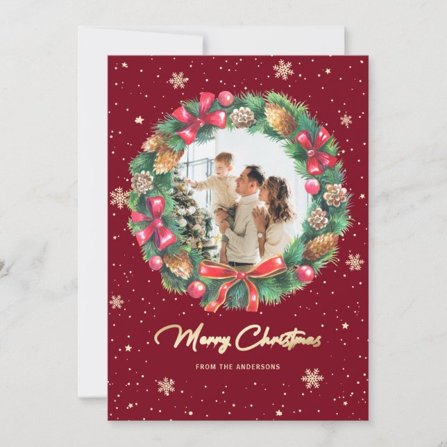 Wreath Snowy Gold Red Photo Christmas Holiday Card (Front)