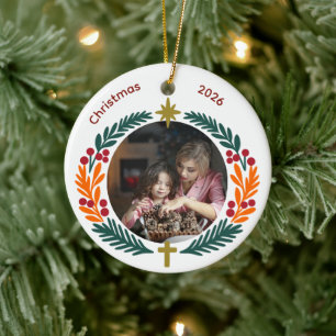 Wreath Star and Cross Christian Custom Photo Ceramic Ornament