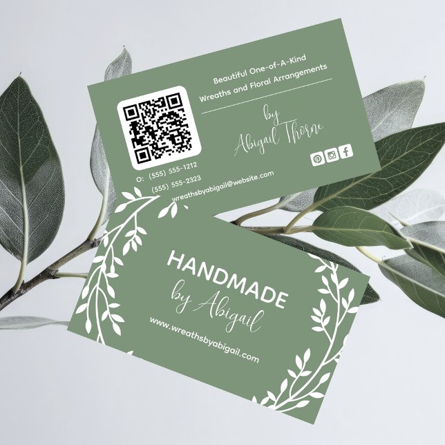 Wreath Vines Handmade | Handcrafted Business Card (Sage Green and White Wreath and Vines "Handmade" Handcrafted Crafting Business Cards)