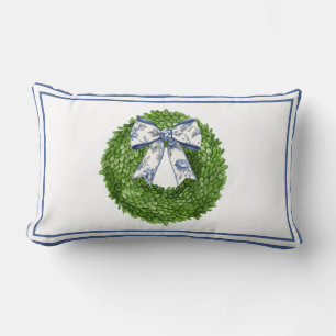 Wreath with Blue Toile Bow Lumbar Pillow