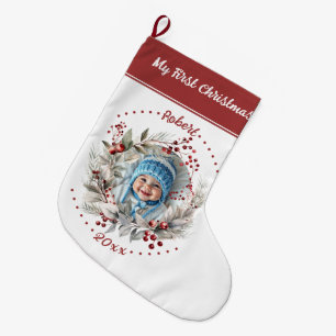 Wreath with greenery Baby's First Christmas photo Large Christmas Stocking