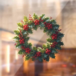Wreath With Holly Berries Vector Art Logo Window Cling
