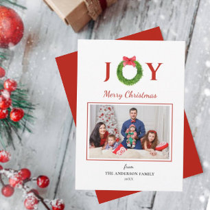 Wreath with "JOY" Christmas holiday photo Card