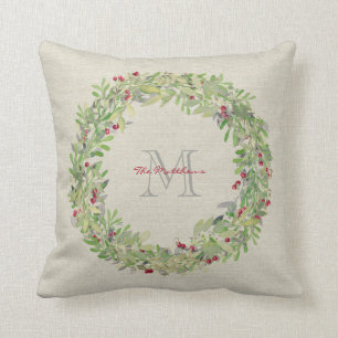 Wreath with monogrammed name & initial throw pillow