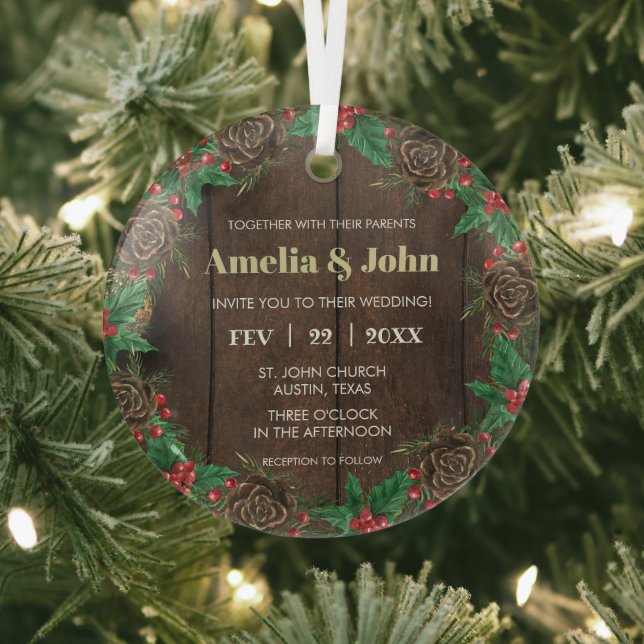 Wreath With Pine Wedding Invitation Christmas Glass Ornament (Insitu)