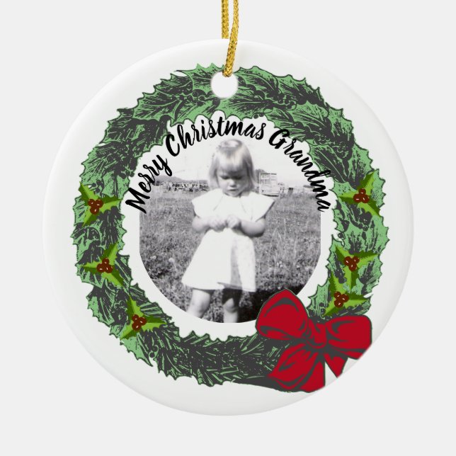 Wreath With Red Bow Merry Christmas Photo | Names Ceramic Ornament (Front)