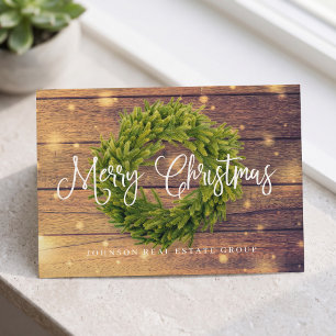 Wreath Wood Fairy Lights Merry Christmas Greeting Holiday Postcard