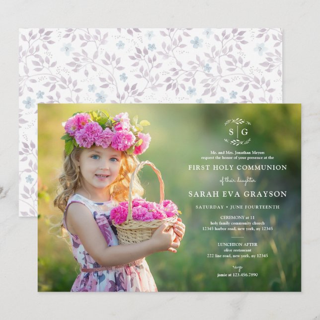 Wreathed Initials First Holy Communion Invitation (Front/Back)