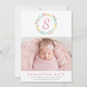 Wreathed Monogram Birth Announcement