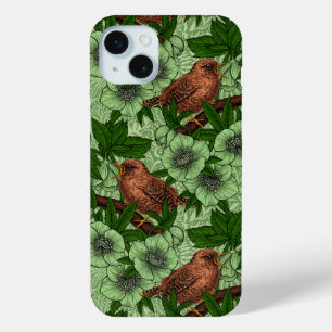 Wren and hellebore, light green iPhone 15 mini case