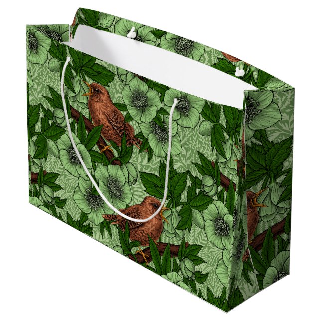 Wren and hellebore, light green large gift bag (Back Angled)