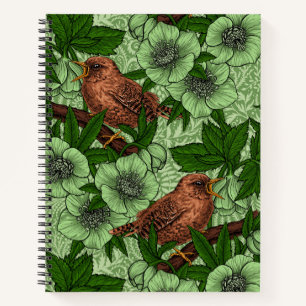 Wren and hellebore, light green notebook