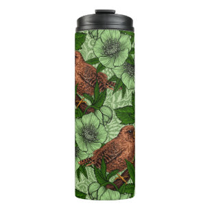 Wren and hellebore, light green thermal tumbler