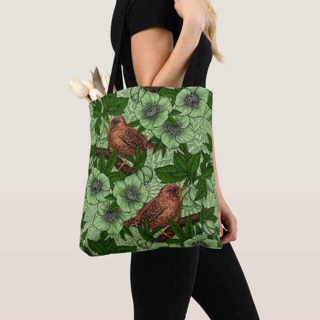 Wren and hellebore, light green tote bag (Close Up)