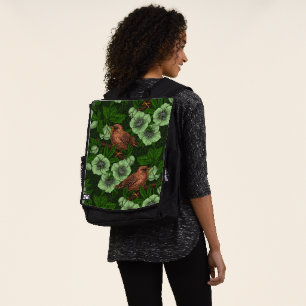 Wren and hellebore on dark green backpack