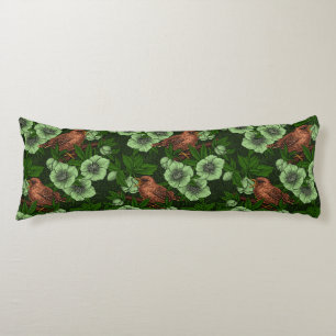 Wren and hellebore on dark green body pillow