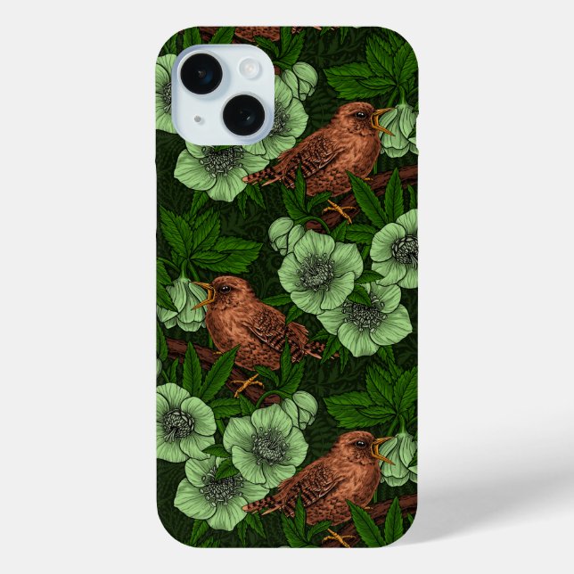 Wren and hellebore on dark green Case-Mate iPhone case (Back)