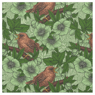 Wren and hellebore on dark green fabric