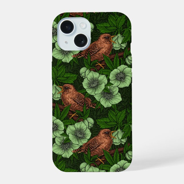 Wren and hellebore on dark green iPhone 15 case (Back)