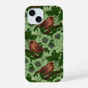 Wren and hellebore on dark green iPhone 15 case