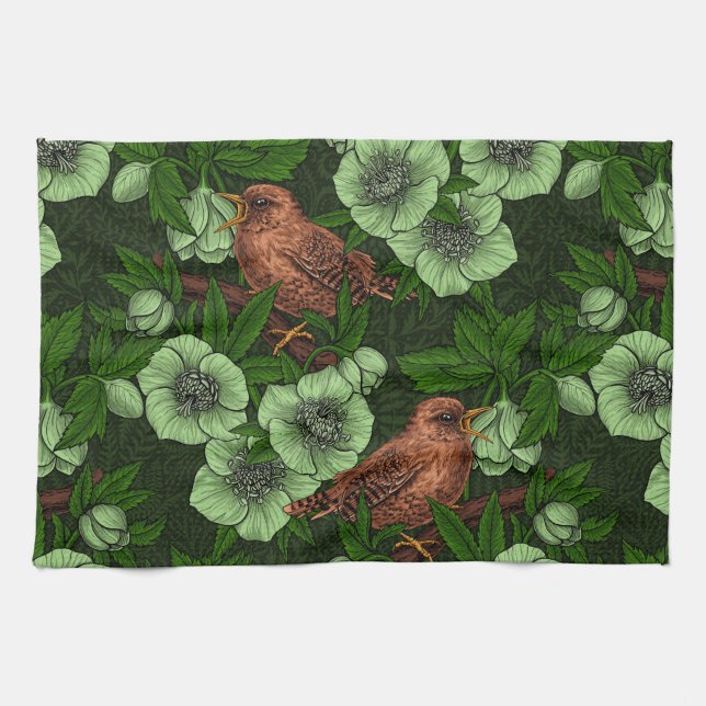 Wren and hellebore on dark green kitchen towel (Horizontal)