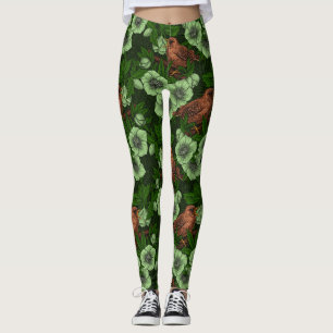 Wren and hellebore on dark green leggings