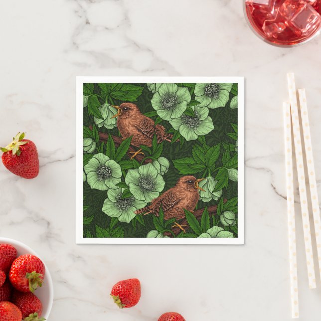 Wren and hellebore on dark green napkin (Insitu)