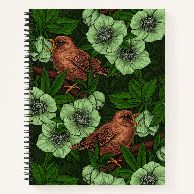 Wren and hellebore on dark green notebook (Front)