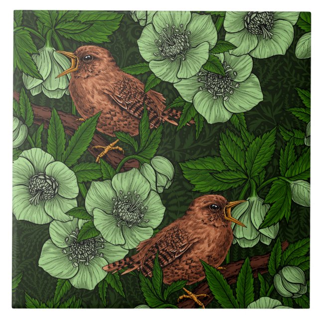 Wren and hellebore on dark green tile (Front)