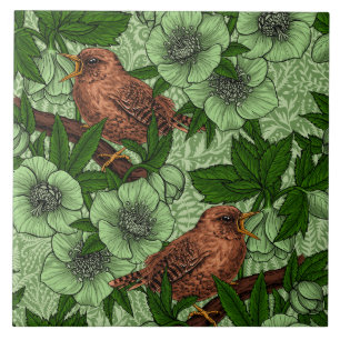 Wren and hellebore on dark green tile
