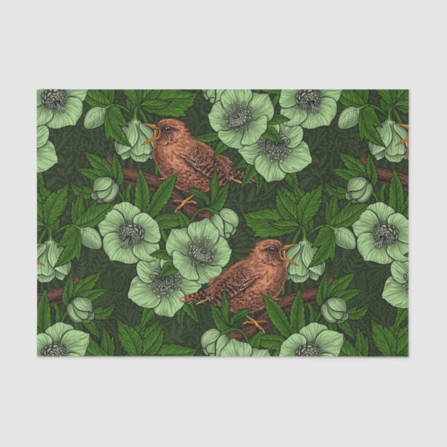 Wren and hellebore on dark green tissue paper (Front)