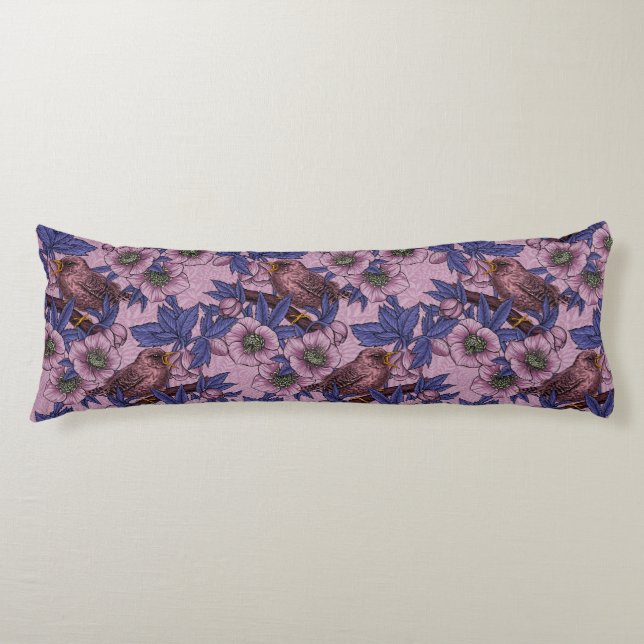 Wren and hellebore, pink and violet body pillow (Front)