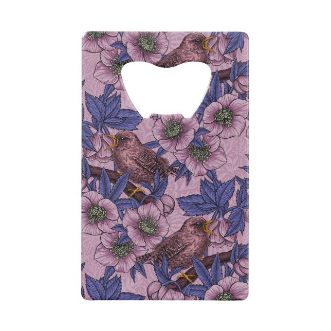 Wren and hellebore, pink and violet credit card bottle opener (Front)
