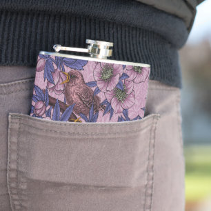 Wren and hellebore, pink and violet hip flask