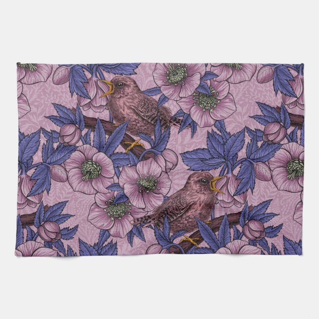 Wren and hellebore, pink and violet kitchen towel (Horizontal)