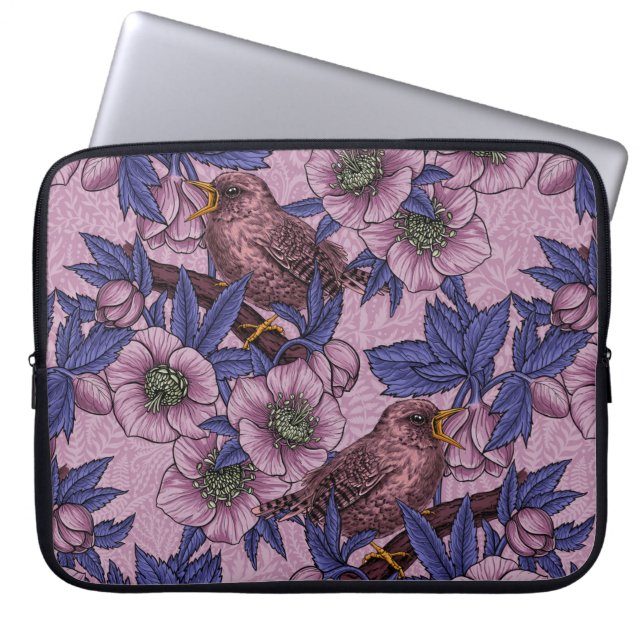 Wren and hellebore, pink and violet laptop sleeve (Front)