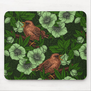 Wren and hellebore, pink and violet mouse pad