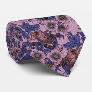 Wren and hellebore, pink and violet tie
