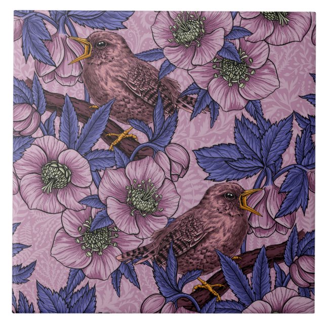 Wren and hellebore, pink and violet tile (Front)